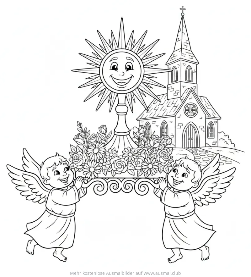 Fronleichnam Ausmalbild: Engel tragen Monstranz vor Kirche