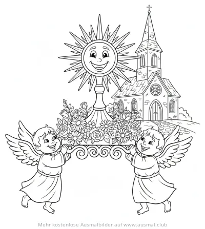 Fronleichnam Ausmalbild: Engel tragen Monstranz vor Kirche