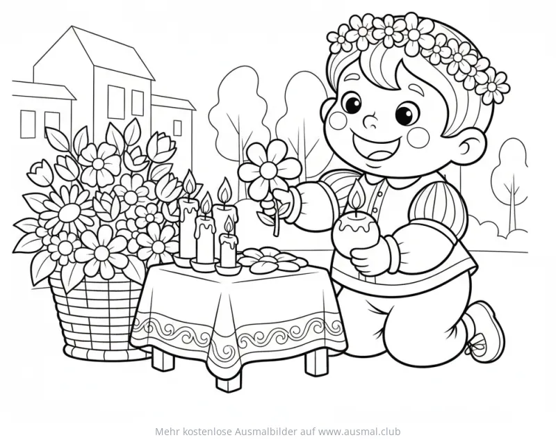Fronleichnam: Kind am Altar mit Blumen und Kerzen Ausmalbild