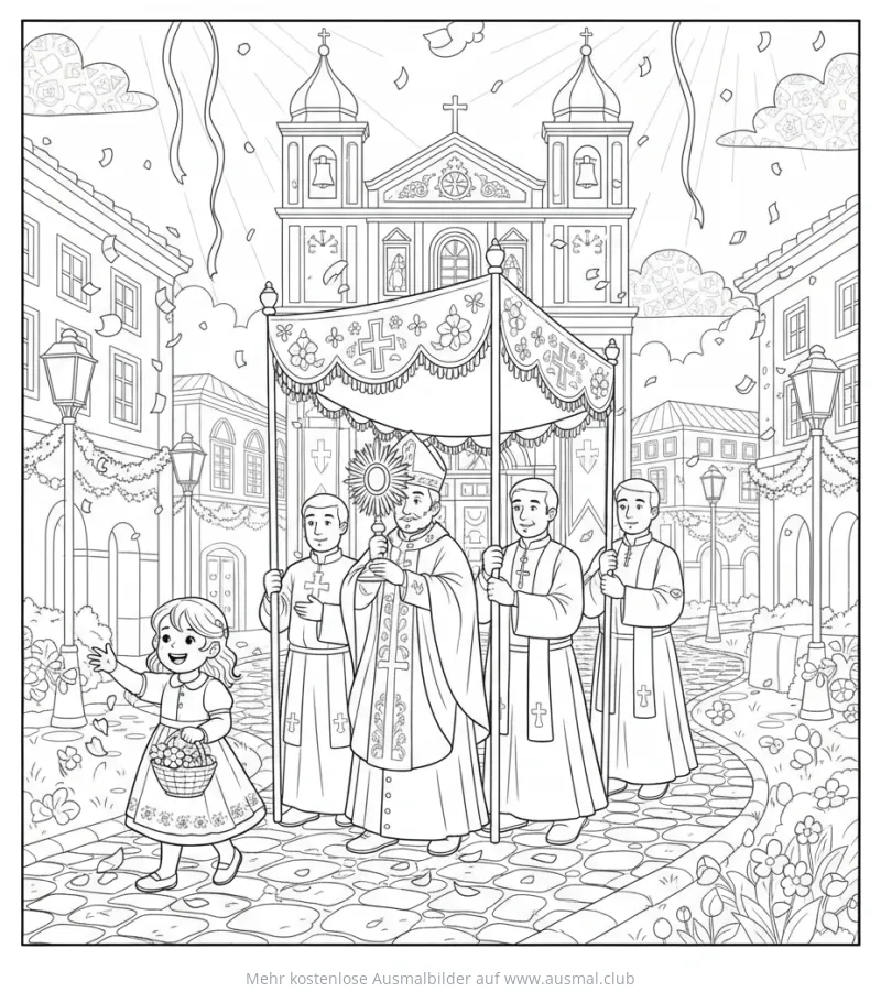 Fronleichnamsprozession mit Priestern und Blumenmädchen Ausmalbild