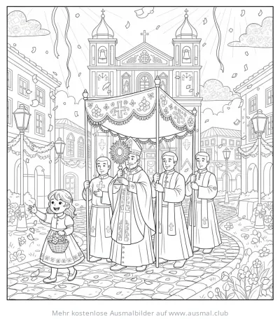Fronleichnamsprozession mit Priestern und Blumenmädchen Ausmalbild