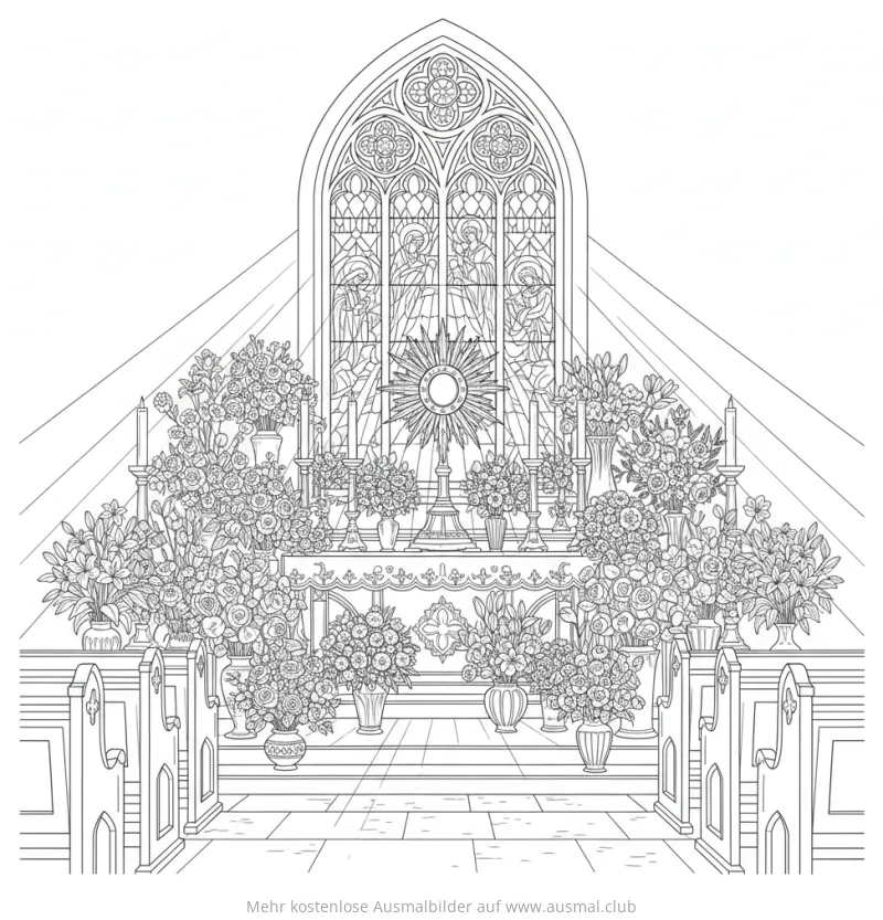 Fronleichnam: Festlich geschmückter Altar mit Blumen Ausmalbild