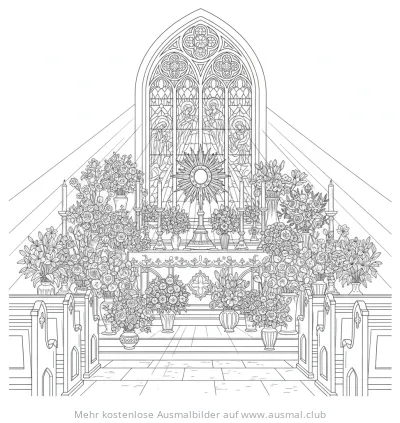 Fronleichnam: Festlich geschmückter Altar mit Blumen Ausmalbild