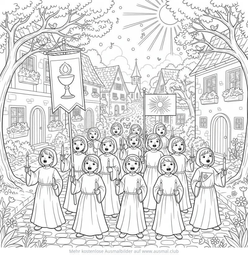 Kinder in Prozession mit Kerzen und Fahnen Ausmalbild