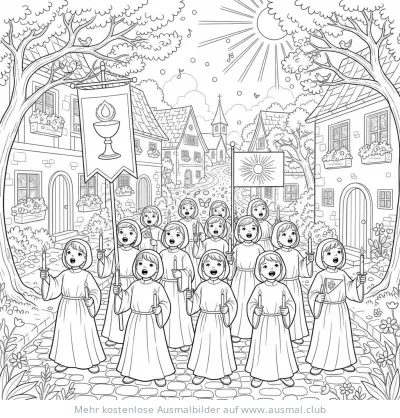 Kinder in Prozession mit Kerzen und Fahnen Ausmalbild