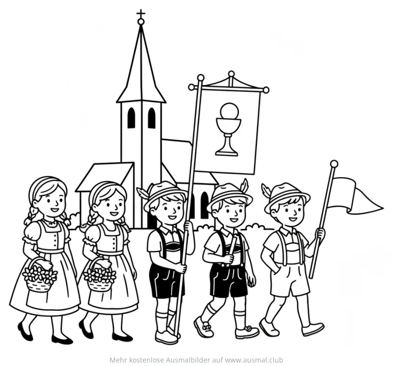 Fronleichnamsprozession Ausmalbild mit Kindern in Tracht vor Kirche