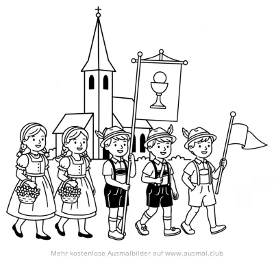 Fronleichnamsprozession Ausmalbild mit Kindern in Tracht vor Kirche