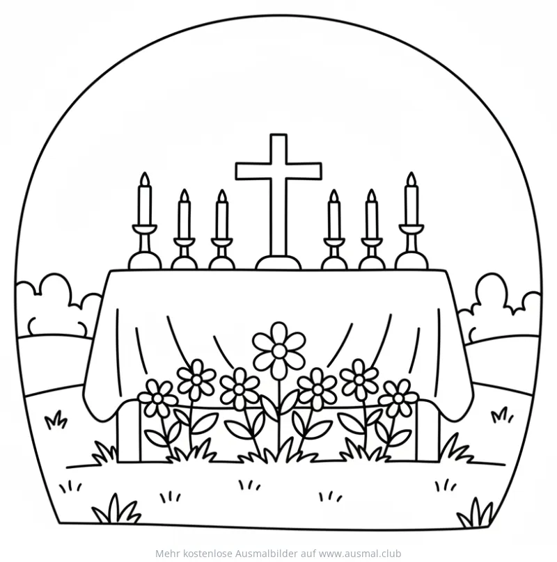 Fronleichnam: Altar mit Kreuz und Kerzen Ausmalbild