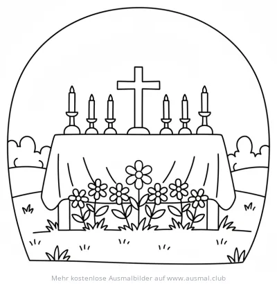 Fronleichnam: Altar mit Kreuz und Kerzen Ausmalbild