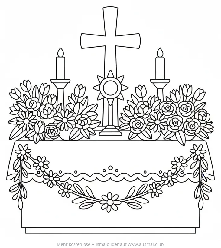 Fronleichnam Altar mit Kreuz, Monstranz und Blumen Ausmalbild