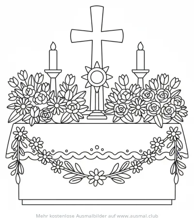 Fronleichnam Altar mit Kreuz, Monstranz und Blumen Ausmalbild