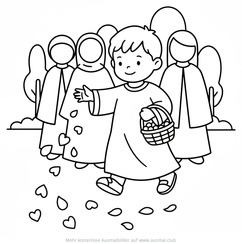 Junge streut Blumen bei Fronleichnamsprozession Ausmalbild