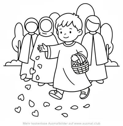 Junge streut Blumen bei Fronleichnamsprozession Ausmalbild