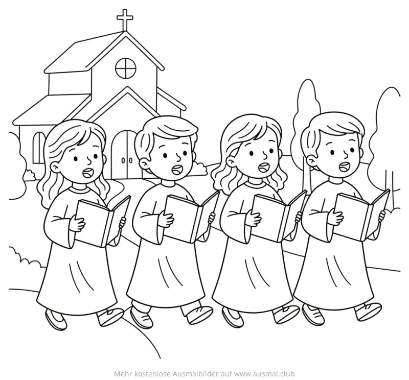 Singende Kinder Prozession Ausmalbild vor Kirche
