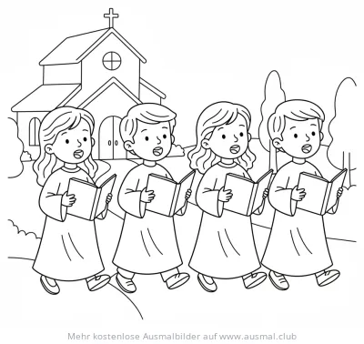 Singende Kinder Prozession Ausmalbild vor Kirche