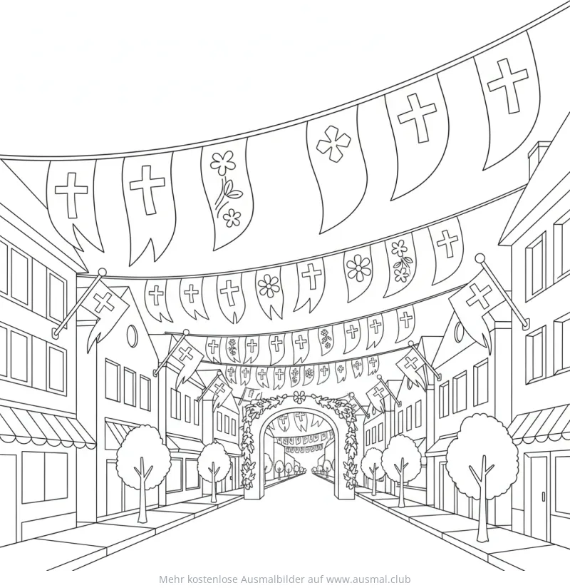 Fronleichnam: Geschmückte Straße mit Girlanden und Fahnen Ausmalbild