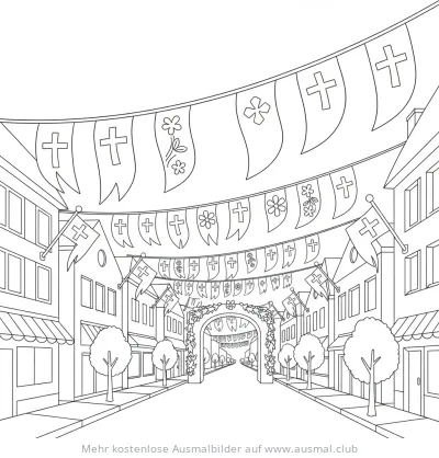 Fronleichnam: Geschmückte Straße mit Girlanden und Fahnen Ausmalbild