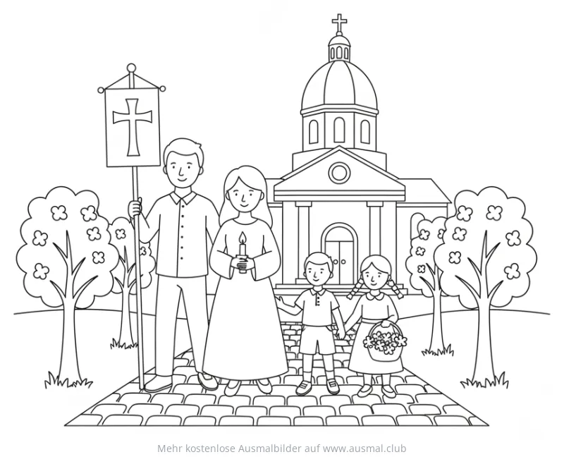 Fronleichnam Ausmalbild: Familie bei Prozession mit Kirche
