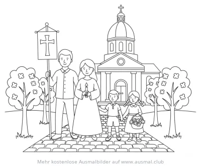 Fronleichnam Ausmalbild: Familie bei Prozession mit Kirche