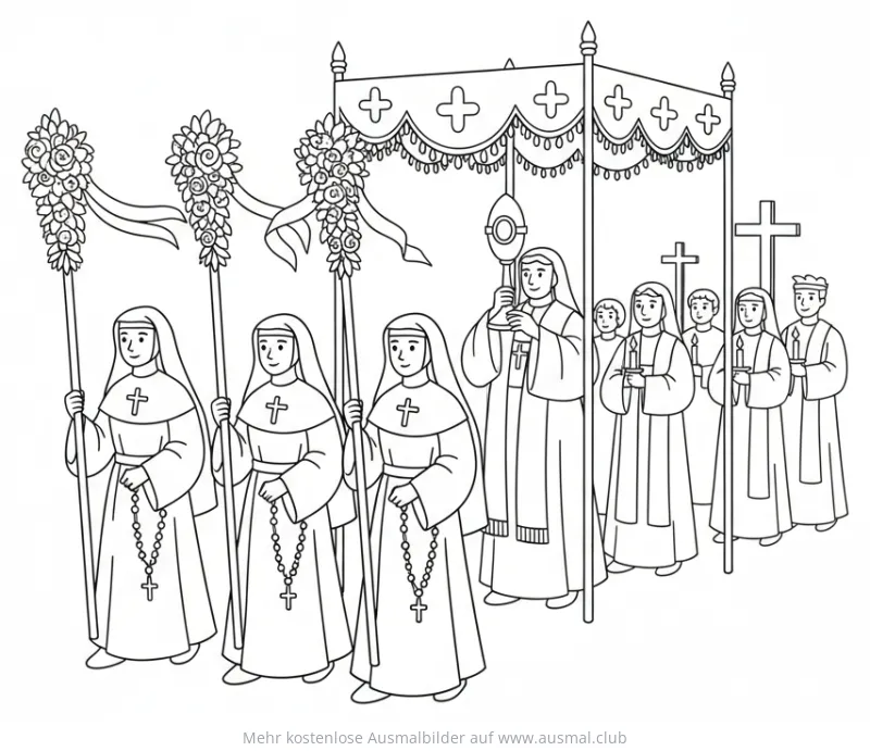 Fronleichnam Ausmalbild: Nonnen in Prozession