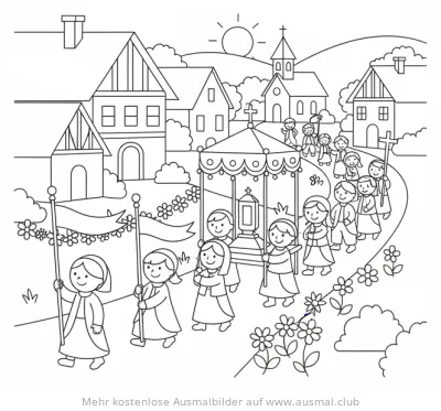Fronleichnamsprozession mit Kindern und Baldachin Ausmalbild