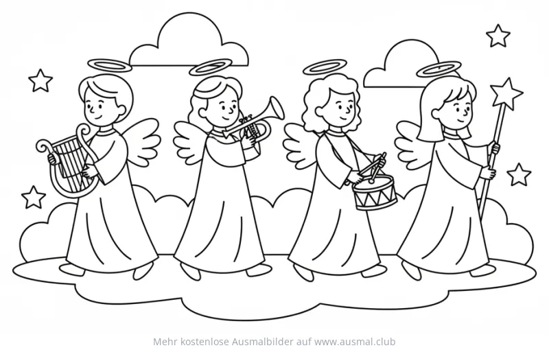 Engel Prozession mit Musikinstrumenten Ausmalbild