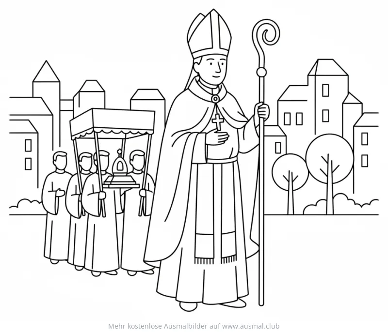 Bischof mit Stab und Fronleichnamsprozession Ausmalbild