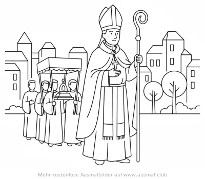 Bischof mit Stab und Fronleichnamsprozession Ausmalbild