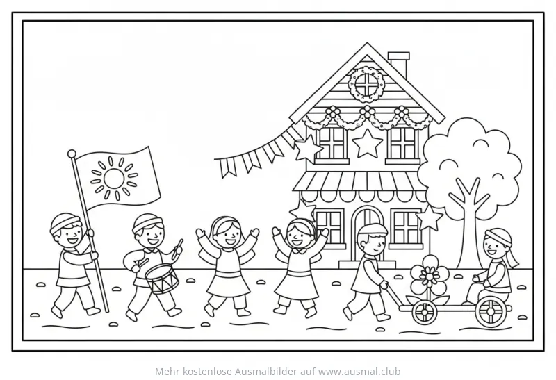 Fronleichnam Prozession mit Kindern und dekoriertem Haus Ausmalbild