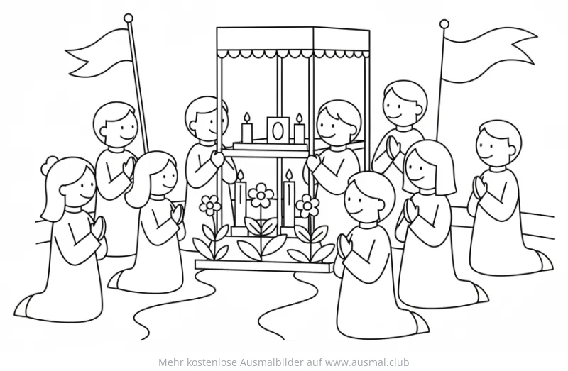 Fronleichnam Prozession Ausmalbild mit betenden Menschen
