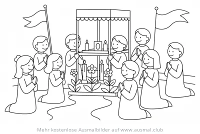 Fronleichnam Prozession Ausmalbild mit betenden Menschen