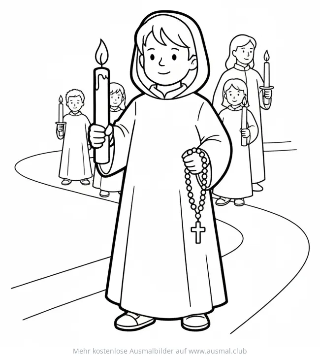 Fronleichnam: Kind mit Rosenkranz und Kerze in Prozession Ausmalbild