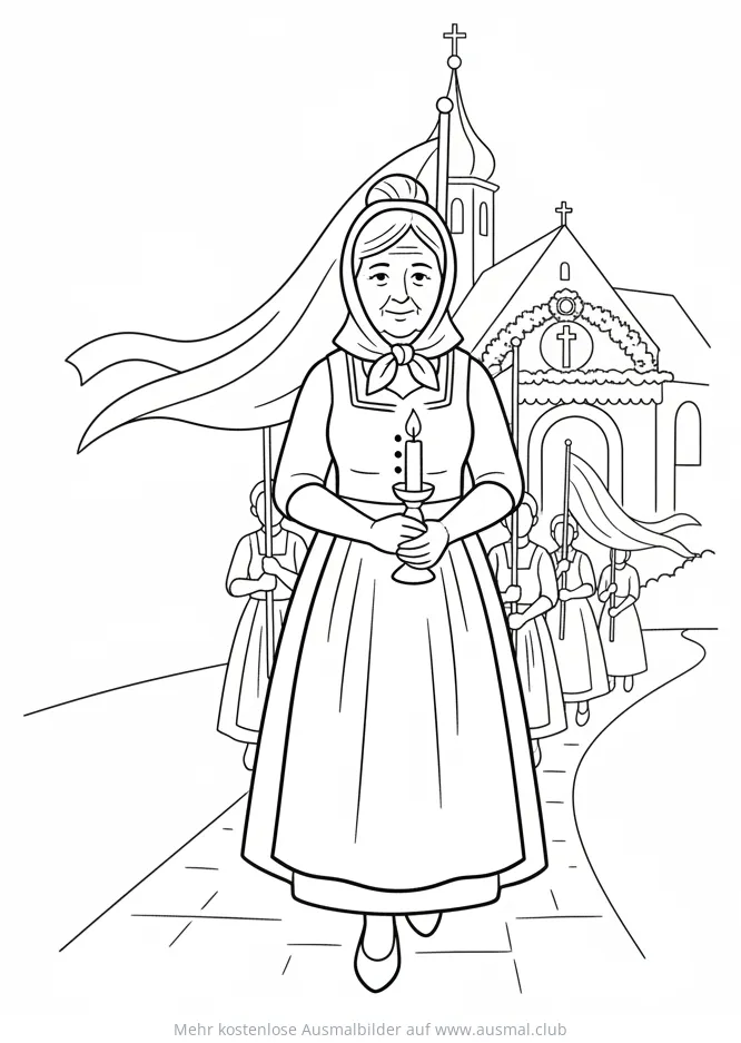 Alte Frau mit Kerze bei Fronleichnamsprozession Ausmalbild