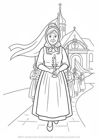 Alte Frau mit Kerze bei Fronleichnamsprozession Ausmalbild