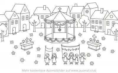 Fronleichnamsprozession auf Dorfplatz Ausmalbild