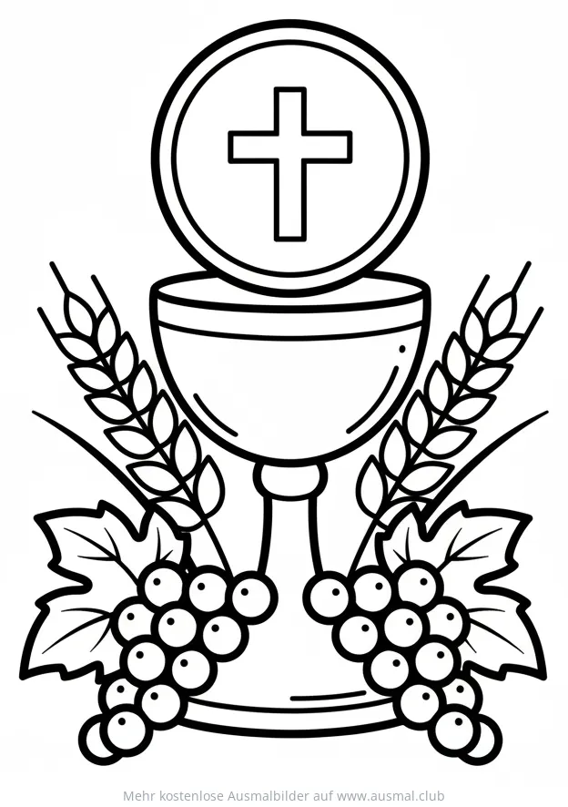 Eucharistie Ausmalbild mit Kelch, Hostie, Weizen und Trauben