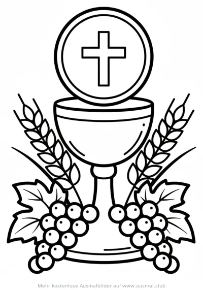 Eucharistie Ausmalbild mit Kelch, Hostie, Weizen und Trauben