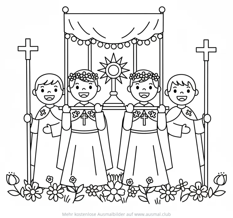 Fronleichnam Prozession mit Kindern in Trachten Ausmalbild