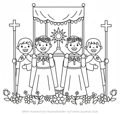 Fronleichnam Prozession mit Kindern in Trachten Ausmalbild