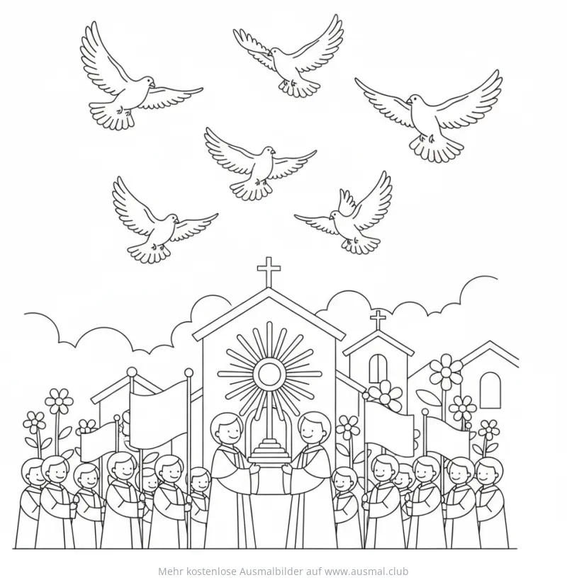 Fronleichnamsprozession mit Monstranz, Priestern, Gemeinde und Tauben Ausmalbild