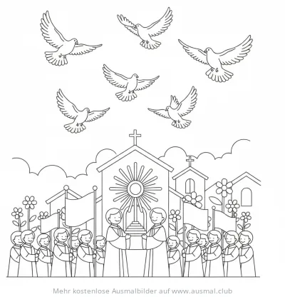Fronleichnamsprozession mit Monstranz, Priestern, Gemeinde und Tauben Ausmalbild