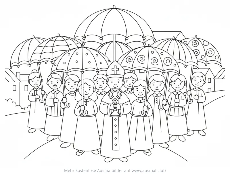 Fronleichnamsprozession mit Priester, Ministranten und Schirmen Ausmalbild