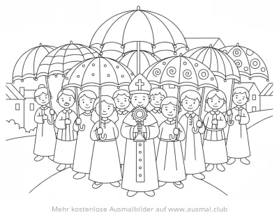 Fronleichnamsprozession mit Priester, Ministranten und Schirmen Ausmalbild