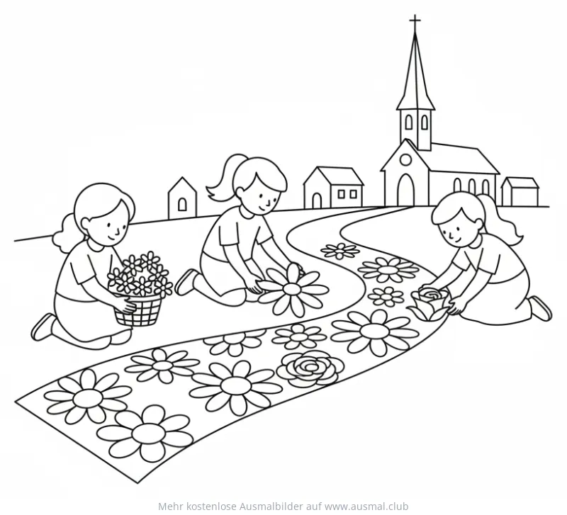 Mädchen legen Blumenteppich für Fronleichnamsprozession Ausmalbild