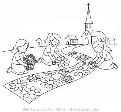 Mädchen legen Blumenteppich für Fronleichnamsprozession Ausmalbild