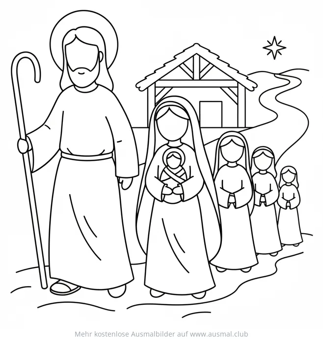 Heilige Familie Ausmalbild mit Josef, Maria, Jesuskind und Begleitpersonen