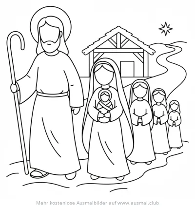 Heilige Familie Ausmalbild mit Josef, Maria, Jesuskind und Begleitpersonen