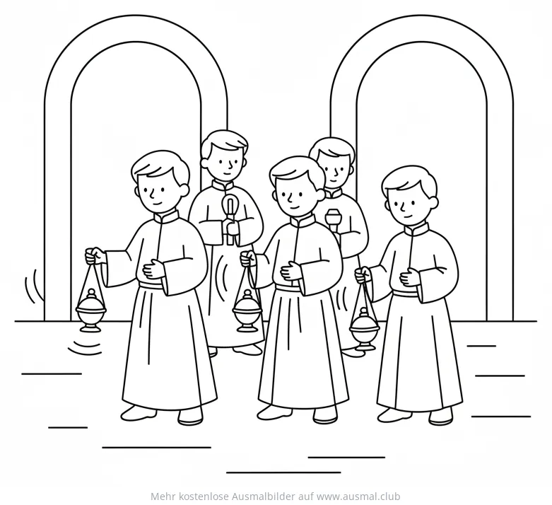 Ministranten mit Weihrauchfässern bei Fronleichnamsprozession Ausmalbild