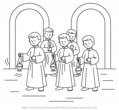 Ministranten mit Weihrauchfässern bei Fronleichnamsprozession Ausmalbild