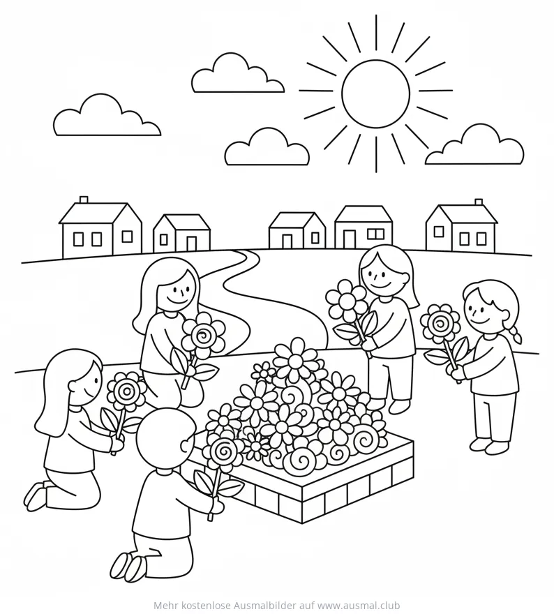 Kinder schmücken Blumenaltar Ausmalbild für Fronleichnam